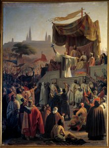 Heiliger Bernhard von Clairvaux predigt den Zweiten Kreuzzug in Anwesenheit von König Ludwig VII. und Königin Alienor von Aquitanien und Abt Suger in Vézelay in Burgund am 31. März 1146