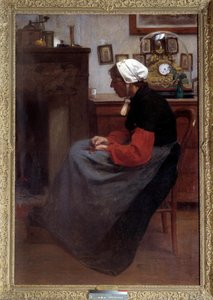 Einfaches Herz. Ein alter Bauer schläft auf einem Stuhl in einem rustikalen Innenraum. Gemälde von Emile Troncy (1859-1943). Paris, Palais du Luxembourg DR