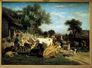 Dorffest. Viehmarkt. Gemälde von Emile Van Marck, 19. Jahrhundert