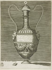 Vase mit zwei grotesken Masken, Tafel sechs aus einer Serie von Vasen nach dem Antiken