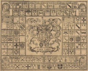Wappen mit Eckporträts von Heinrich VII, Heinrich VIII, Edward VI und Maria