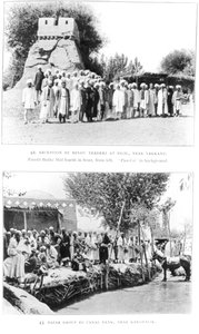 Hindu-Händler in Bigil, nahe Yarkand und eine Gruppe auf einem Basar nahe Kharghalik, aus Ruins of Desert Cathay von Sir Aurel Stein, veröffentlicht 1912