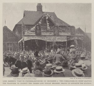 Lord Roberts Besuch in Pietermaritzburg am 4. Dezember, der Oberbefehlshaber verlässt die Plattform, um die Truppen und indischen Träger zu inspizieren, die gegenüber dem Bahnhof aufgestellt sind