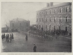 Generalmajor Gosset inspiziert das Feldhospitalpersonal von Lord Iveagh in Dublin vor ihrer Abreise nach Südafrika