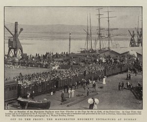 Ab an die Front, das Manchester Regiment beim Einsteigen in Durban