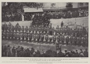 Empfang des Dienstkorps der 2. East Surrey Volunteers aus Südafrika in Kingston-on-Thames, der Bürgermeister begrüßt die Männer am Krönungsstein
