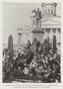 Russland und Finnland, die Statue von Alexander II. in Helsingfors, geschmückt am Jahrestag seines Todes