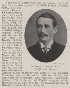 Sir Savile B. Crossley, Baronet, neuer Zahlmeister-General