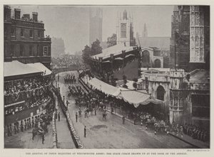 Die Ankunft Ihrer Majestäten in der Westminster Abbey, die Staatskutsche vor der Tür des Anbaus