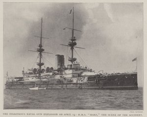 Die katastrophale Explosion eines Marinegeschützes am 14. April, HMS Mars, der Unfallort
