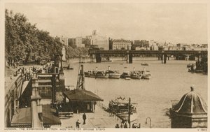 Das Ufer von den Westminster Bridge Stufen, London