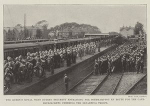 Das Queens Royal West Surrey Regiment auf dem Weg nach Southampton zum Kap, Matrosen jubeln den abreisenden Truppen zu