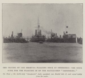 Die Prüfung des Bermuda-Schwimmdocks in Sheerness, das Dock wurde für das Einlaufen des Schlachtschiffs Sanspareil versenkt von English Photographer