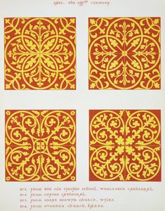 Fliesendesigns aus dem 13. Jahrhundert, Illustration aus Specimens of Tile Pavements, gezeichnet von bestehenden Autoritäten, von Henry Shaw, 1858