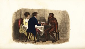 Niederländisches Paar aus dem 18. Jahrhundert trinkt Wein mit einem Bornean-Orang-Utan am Esstisch