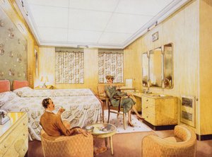 Ein Schlafzimmer an Bord der RMS Caronia, ca. 1950 von English School