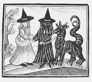 Eine schwarze und eine weiße Hexe mit einem Teufelstier, Illustration aus einer Sammlung von Heftromanen über Esoterik von English School