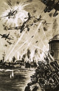 Ein britischer Konvoi im Zweiten Weltkrieg unter Angriff von deutschen Stukas von English School