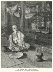 "Ein Ruf zum Gebet," Innenraum eines buddhistischen Klosters (Stich)