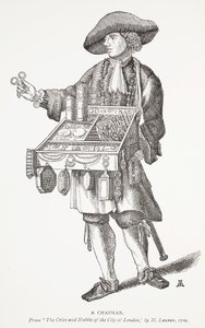 Ein Hausierer, aus The Cries and Habits of the City of London von M. Lauren, 1709, Frontispiz-Illustration aus Chap-books of the Eighteenth Century von John Ashton, veröffentlicht 1882 von English School