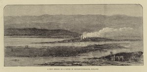 Eine heiße Quelle in einem Fluss in Reykholtsdalur, Island (Stich)
