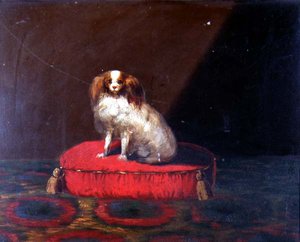 Ein King Charles Spaniel auf einem roten Kissen, Provinzschule von English School