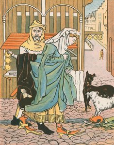 Eine Dame überquert die Straße in alten Zeiten