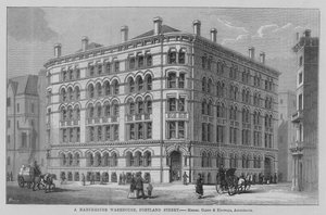 Ein Lagerhaus in Manchester, Portland Street, Messrs Clegg und Knowles, Architekten. Illustration für The Builder