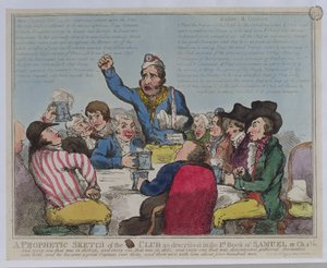 Eine prophetische Skizze des Clubs, wie im 1. Buch Samuel, Kapitel 22, Vers 2 beschrieben, veröffentlicht von S.W. Fores, 1799 (farbige Radierung)