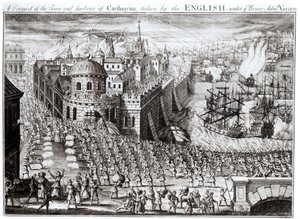 Eine Aussicht auf die Stadt und den Hafen von Cartagena, erobert von den Engländern unter dem tapferen Admiral Vernon, 1741 von English School