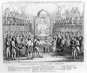 Eine Skizze der Innenansicht des House of Lords, die den Prozess von Königin Caroline darstellt, veröffentlicht 1820
