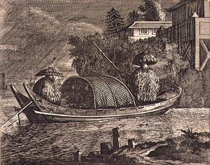 Ein kleines chinesisches Flussboot im Regen, Illustration aus einer Beschreibung der Botschaften nach China