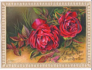 Viktorianische Weihnachts- und Neujahrskarte mit zwei großen roten Rosen, ca. 1880 von English School