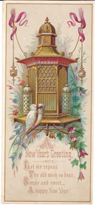 Eine viktorianische Weihnachtskarte mit einem aufwendigen Vogelkäfig und einem Liebespaar, um 1880 von English School