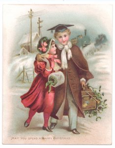 Viktorianische Weihnachtskarte mit einem Jungen, der einen Doktorhut trägt und seinen Arm um ein Mädchen legt, während sie durch den Schnee gehen, ca. 1880 von English School