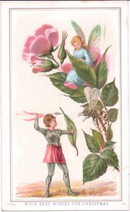 Eine viktorianische Weihnachtskarte mit einer Fee, die auf einer Rose sitzt, und einer anderen Fee, die einen Speer auf eine Wespe wirft, ca. 1880 von English School