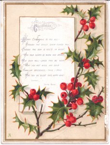 Eine viktorianische Weihnachtskarte mit einem großen Stechpalmenzweig und einem Vers, ca. 1880 von English School