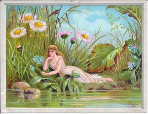 Viktorianische Grußkarte einer Fee, die an einem Bach mit Gräsern und Gänseblümchen am Ufer liegt, ca. 1880