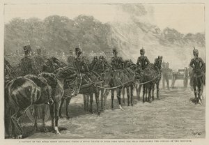 Eine Batterie der Royal Horse Artillery feuert einen königlichen Salut im Hyde Park ab, als die Glocken die Eröffnung des Imperial Institute verkündeten von English School