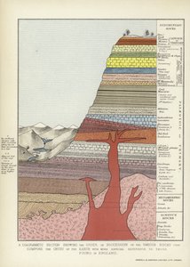 Ein diagrammatischer Schnitt, der die Reihenfolge der verschiedenen Gesteine zeigt, die die Erdkruste bilden, mit besonderem Bezug auf die in England gefundenen