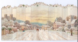 Faltbare viktorianische Weihnachtskarte eines Schlosses und einer Kirche und eines Mannes, der im Schnee eine Schaufel trägt, ca. 1880 von English School