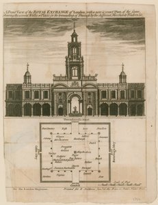 Eine Vorderansicht der Royal Exchange von London mit einem neuen und genauen Plan derselben von English School