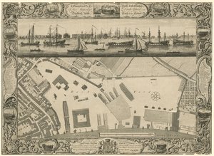 Ein geometrischer Plan und Nordostansicht der Werft Seiner Majestät in Deptford mit einem Teil der Stadt von English School