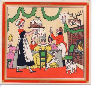 Handkolorierte französische Pochoir-Weihnachtskarte einer Magd, die einen Weihnachtskuchen serviert, ca. 1920 von English School