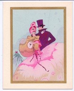 Handkolorierte französische Pochoir-Weihnachtskarte einer Regency-Dame mit Muff, begleitet von einem Herrn im Zylinder, um 1920