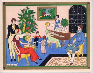 Eine handkolorierte französische Pochoir-Weihnachtskarte mit einer Weihnachtsfeier einer Regency-Familie, mit Tanz und musikalischer Unterhaltung, ca. 1920 von English School