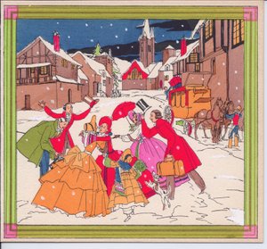 Handkolorierte französische Pochoir-Weihnachtskarte einer viktorianischen Reisegruppe in Winterkleidung, die sich begrüßt, ca. 1920 von English School