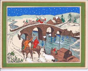 Handkolorierte französische Pochoir-Weihnachtskarte einer von Pferden gezogenen Kutsche, die eine Brücke überquert, und eines Reiters, der seinen Hut zum Gruß hebt, ca. 1920 von English School