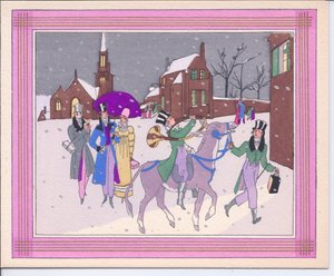 Eine handkolorierte französische Pochoir-Weihnachtskarte eines Esels, der von einem Mann mit Zylinder und Laterne geführt wird, und von einem Mann geritten wird, der ein Jagdhorn bläst, um 1920