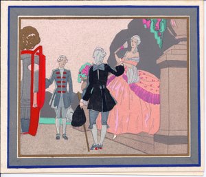 Handkolorierte französische Pochoir-Weihnachtskarte einer vornehmen Dame, die im Begriff ist, in ihre Kutsche zu steigen, deren Tür von einem Diener gehalten wird, ca. 1920